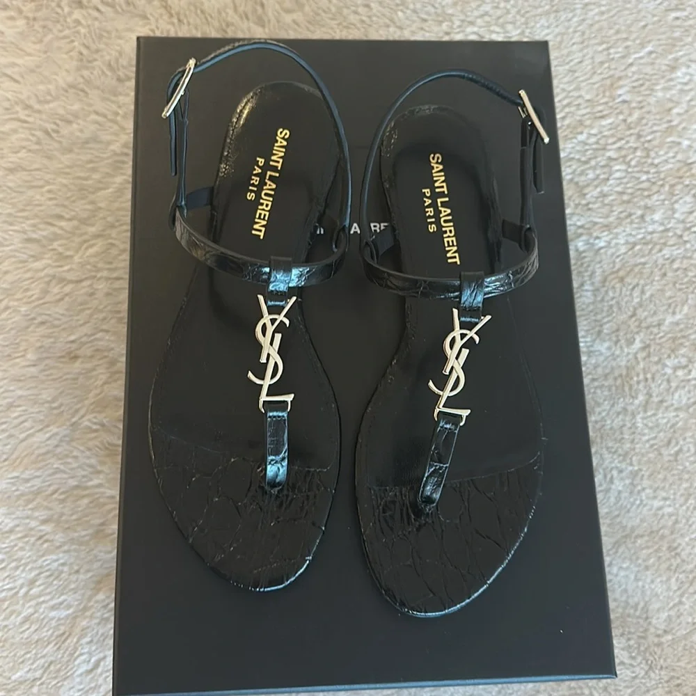 BNNW Saint Laurent Black Croc Cassandra Flats - Picture 2 of 7